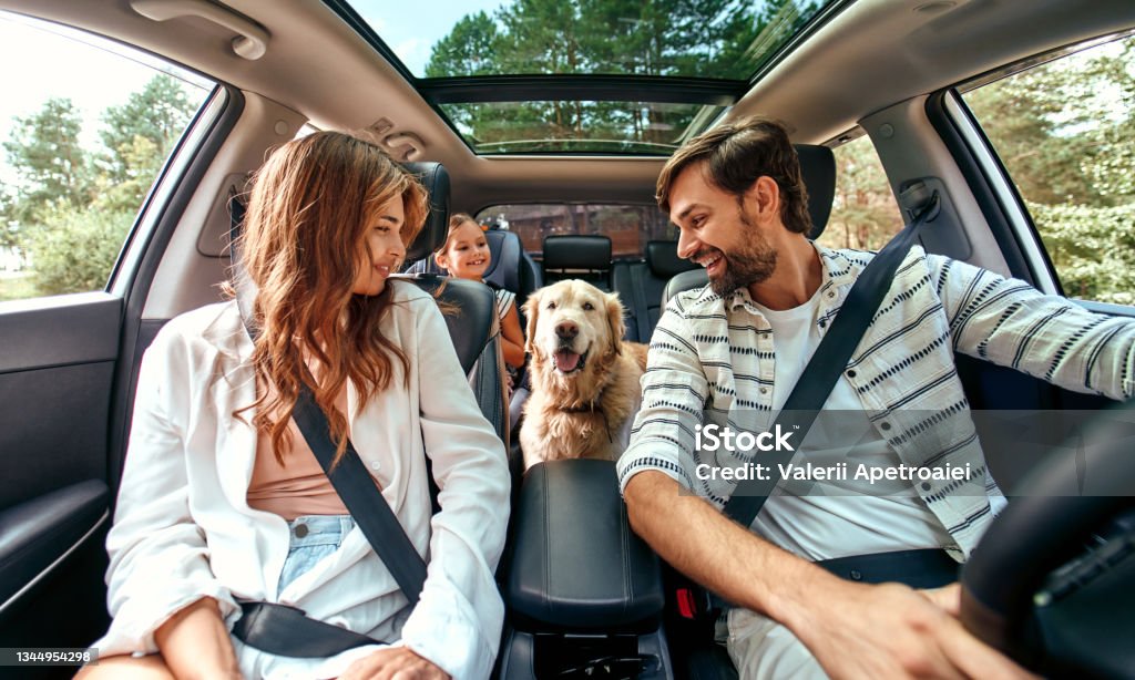 Семья с собакой в машине - Стоковые фото Автомобиль роялти-фри