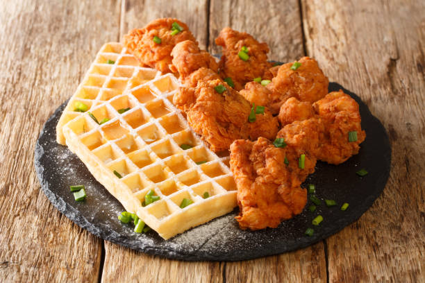 panierte hähnchenstücke und knusprige waffeln mit honigsauce aus nächster nähe auf einer schieferplatte. horizontal - waffle chicken fried chicken food stock-fotos und bilder