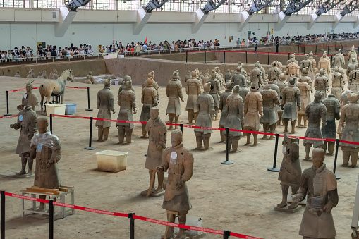 A corner of the Terracotta Warriors in the Mausoleum of Emperor Qin Shi Huang, Xi'an, Shaanxi Province, China