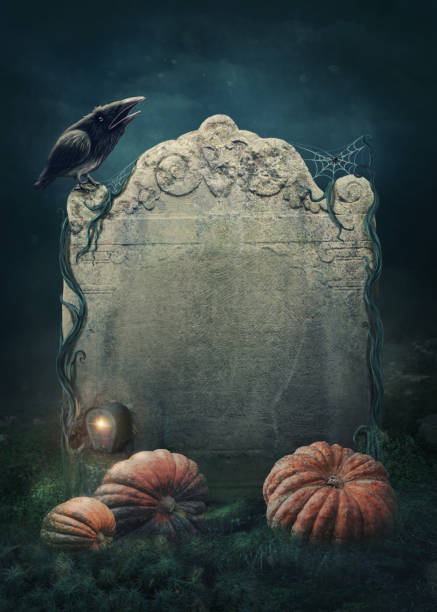 Halloween headstone Halloween headstone with copy space for your text crow bird photos stock pictures, royalty-free photos & images