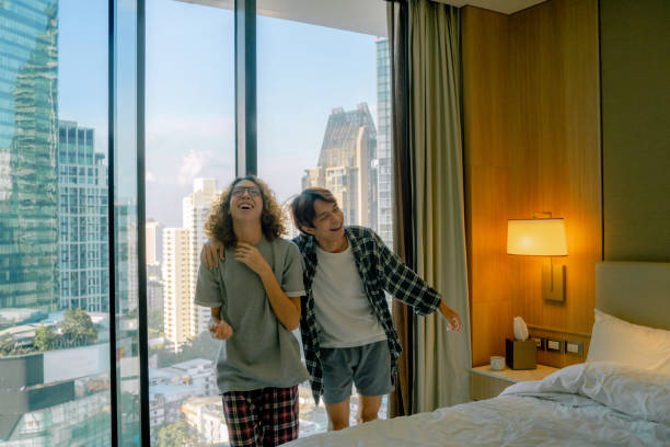 istock Cheerful couple dancing in bedroom. 1344957756