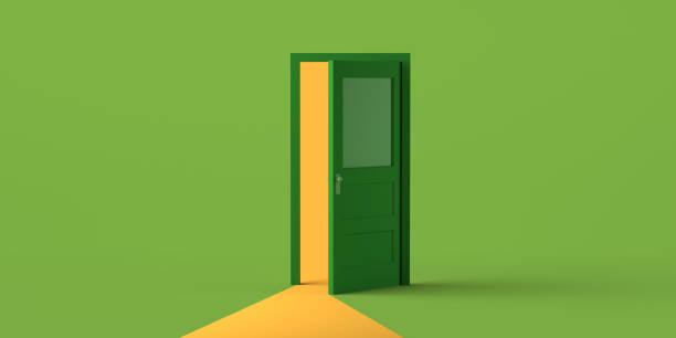 istock Door opening with light on green background. Copy space. 3D illustration. 1344957778