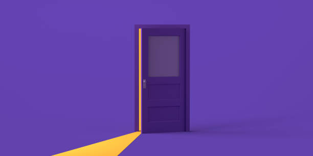 istock Door opening with light on purple background. Copy space. 3D illustration. 1344958129