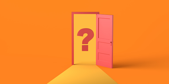 Open door with question mark. Copy space. 3D illustration.