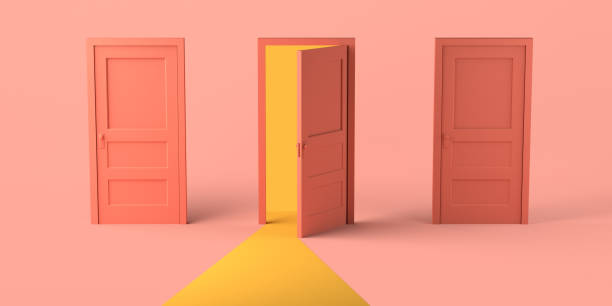 istock Set of three doors with one open. Copy space. 3D illustration. 1344958356