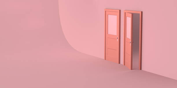 istock Closed door and open door on pink background. Copy space. 3D Illustration. 1344958376