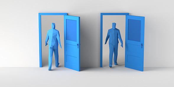 Man going in and out of a door in a loop. Copy space. 3D illustration.