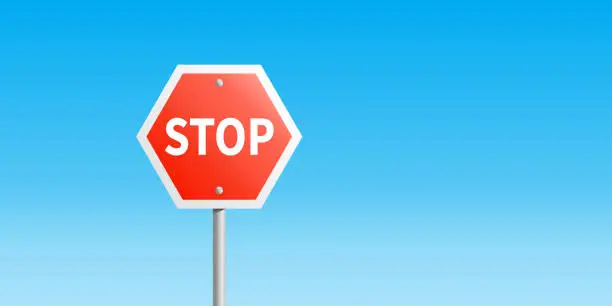 Vector illustration of Red stop sign and blue sky background. Flat vector illustration, EPS 10 file format