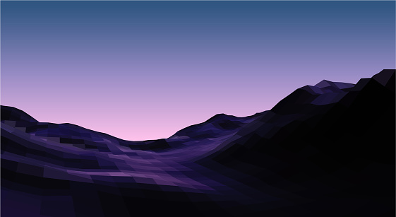 Calm evening landscapewith mountains and violet sky over pink horizon. Polygonal terrain in 80s vaporwave style. Vector illustration