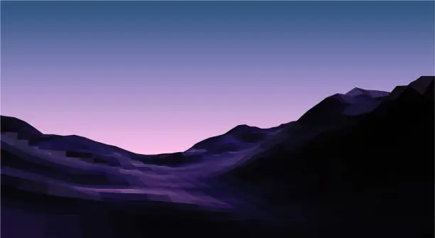 Vector illustration of Calm evening landscapewith mountains and violet sky over pink horizon. Polygonal terrain in 80s vaporwave style. Vector illustration