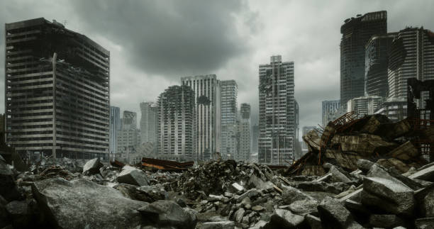 Post Apocalyptic Urban Landscape Digitally generated post apocalyptic scene depicting a desolate urban landscape with tall buildings in ruins and mostly cloudy sky.

The scene was created in Autodesk® 3ds Max 2022 with V-Ray 5 and rendered with photorealistic shaders and lighting in Chaos® Vantage with some post-production added. nuclear fallout stock pictures, royalty-free photos & images