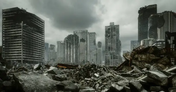 Digitally generated post apocalyptic scene depicting a desolate urban landscape with tall buildings in ruins and mostly cloudy sky.

The scene was created in Autodesk® 3ds Max 2022 with V-Ray 5 and rendered with photorealistic shaders and lighting in Chaos® Vantage with some post-production added.