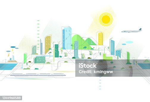 istock Staggered lines Quality City 3 with aeroplane and subway vector illustrator graphic EPS 10 1344960588