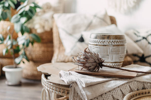 istock Protea flower on rattan bamboo table in room 1344961395
