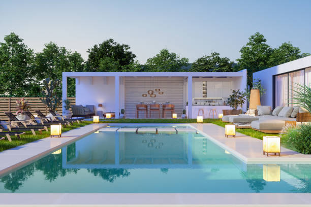 istock Luxury Villa Exterior With Swimming Pool, Sofa And Lounge Chairs. 1344963820