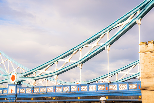 Part of the distinctive supporting structure of London's iconic Tower Bridge over the Thames.