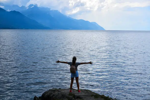 Geneve Lake Leman Geneva backpack tourist girl Switzerland Swiss