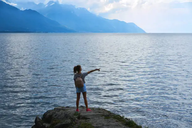 Geneve Lake Leman Geneva backpack tourist girl Switzerland Swiss