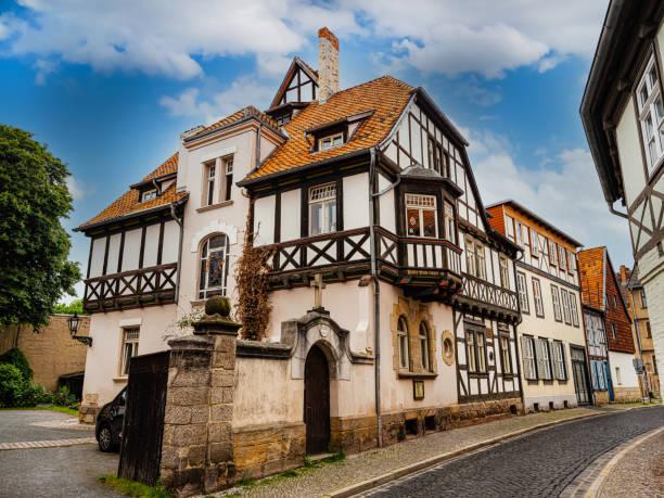 Quedlinburg,Saxony-Anhalt, Germany. 06 July 2021. small town with old vintage small colored houses and old cobblestone pavement. UNESCO World Heritage city