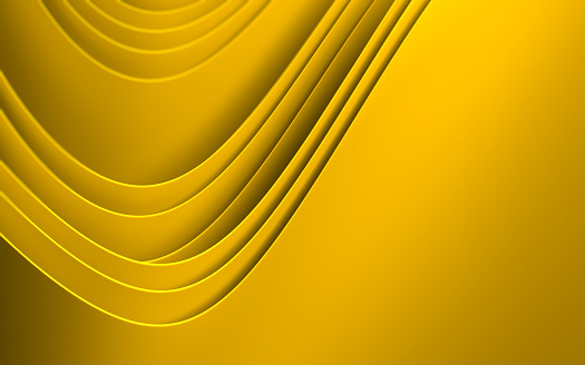 Abstract geometric background with yellow curved shapes forming a wave pattern illuminated by warm golden light. Copy space.