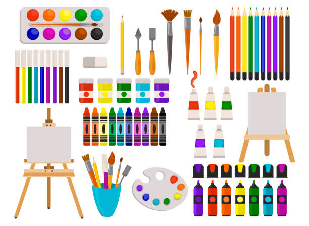 ilustraciones, imágenes clip art, dibujos animados e iconos de stock de lindo conjunto de suministros de arte en estilo plano aislado. - tube paint color image gouache