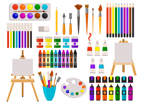 Cute set of art supplies in flat style isolated. Watercolor paint ant color pencils, markers and brushes, crayons and oil paint, easel and felt-tip pens. Painting icons collection.
