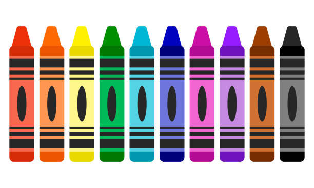 크레용. 흰색 배경에 고립 된 평평한 스타일로 예술 용품의 귀여운 세트. - spectrum pencil art and craft equipment rainbow stock illustrations