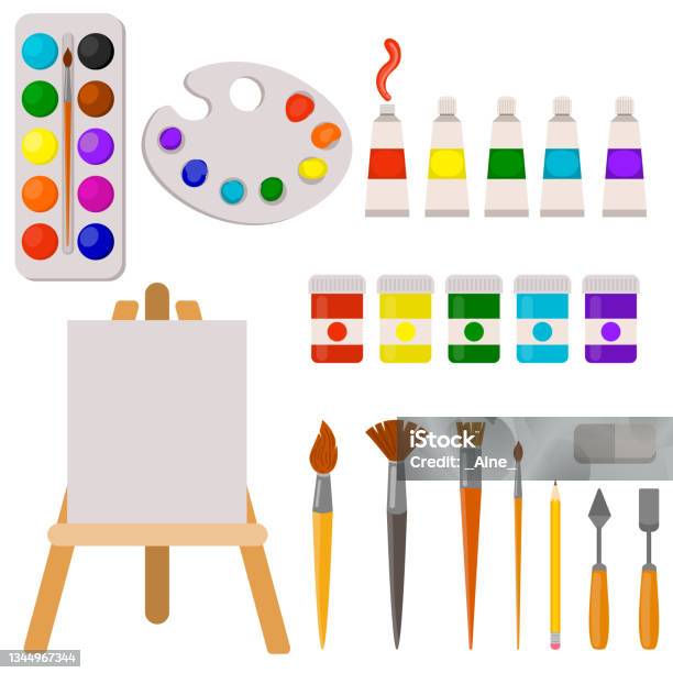 Cute Set Of Art Supplies In Flat Style Isolated Stock Illustration -  Download Image Now - Paintbrush, Paint, Pencil - iStock