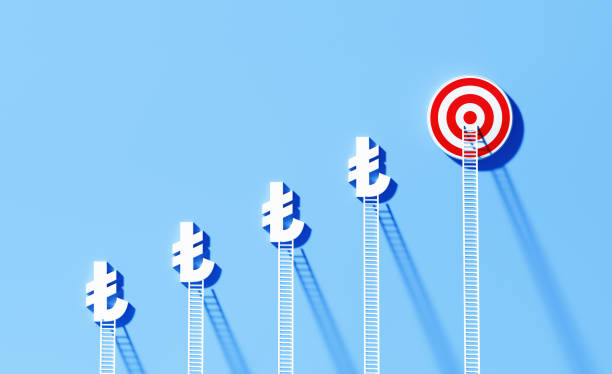 istock White Ladders Leaning Onto Turkish Lira Signs And Bull's Eye Target on Blue Wall 1344967488