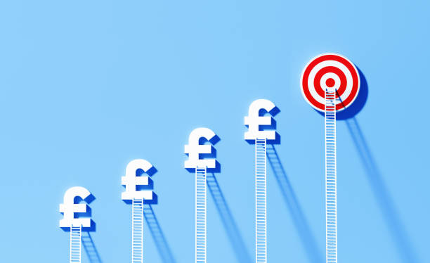 istock White Ladders Leaning Onto British Pound Symbols And Bull's Eye Target on Blue Wall 1344969150