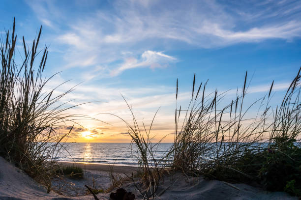 Sunset over the sea. Reflection of sunlight in the sea waves. Red and yellow sky in the rays of the sunset. stock photo