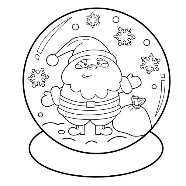 Vector illustration of Coloring Page Outline Of Snow globe with Santa Claus with gifts bag. New year. Christmas. Coloring book for kids