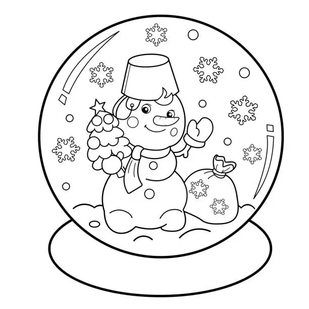Vector illustration of Coloring Page Outline Of Snow globe with snowman with gifts bag and Christmas tree. New year. Christmas. Coloring book for kids