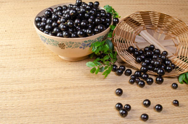 istock Jabuticaba, Jabuticabas freshly harvested in a bowl and baskets arranged on a straw mat, selective focus. 1344974836
