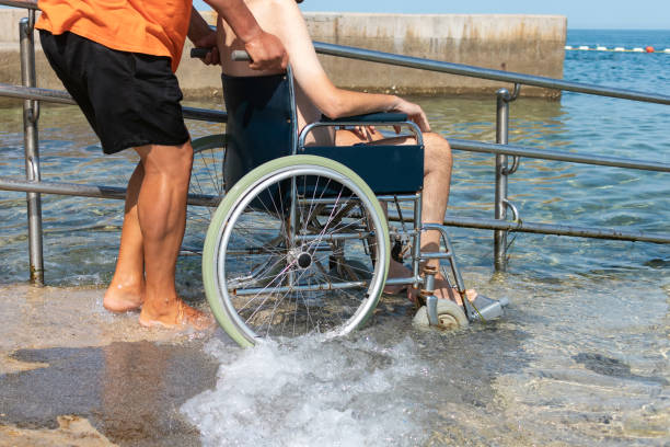 wheelchair ramp on the beach - physical impairment wheelchair disabled accessibility imagens e fotografias de stock