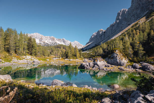 seven lakes valley in triglav national park - julian alps lake bohinj lake bohinj imagens e fotografias de stock