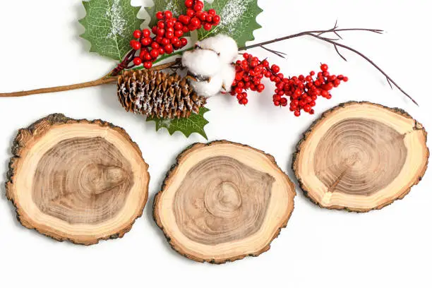 Photo of rustic wood empty signs, christmas mockup on white background