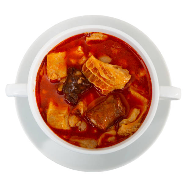 Spanish cuisine, stewed Madrilenian tripe Callos a la madrilena. Isolated over white background