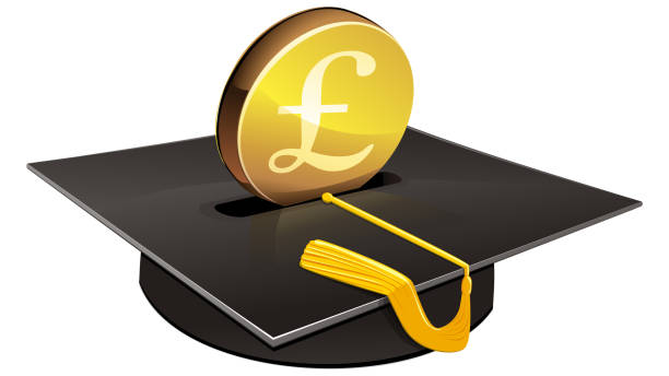 Postgraduate Finance in British Pounds (Cutout) End of study hat in the shape of a piggy bank in which a pound coin is inserted piggy bank gold british currency pound symbol stock illustrations