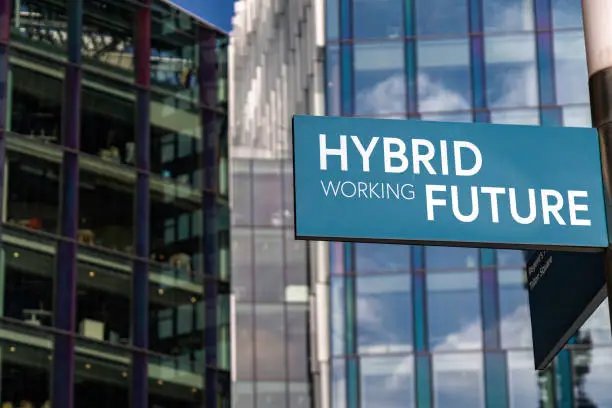Hybrid Working Future sign in front of city skyscrapers