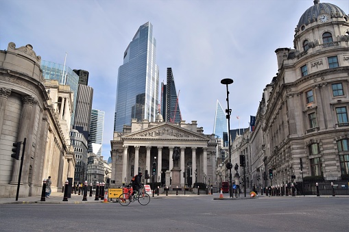 London, United Kingdom - February 13 2021: Daytime view of The Royal Exchange and Bank of England, City of London.