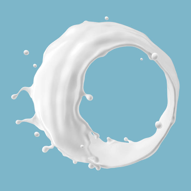 istock 3d render, round milk splash. Abstract liquid clip art isolated on blue background. White paint splashing ring 1344980134