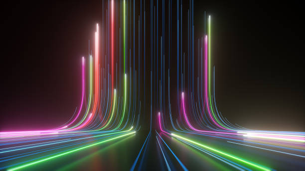 istock 3d render, abstract background with colorful neon lines going up, virtual reality wallpaper with laser rays 1344980183