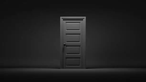 Photo of 3d render, closed door in a dark room, black background. Architectural interior element. Modern minimal concept