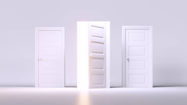 istock 3d render, abstract background with two closed door and one open door in a white room. Modern minimal concept. Choice metaphor 1344980304