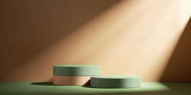istock 3d render, abstract terracotta background with empty green cylinder podiums for product presentation, illuminated with the sunlight rays 1344980349