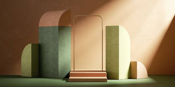 istock 3d render, abstract background with geometric shapes, steps and arch, illuminated with the sunlight rays. Modern minimal showcase scene for product presentation 1344980360