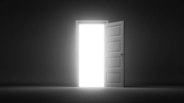 istock 3d render, wide open door with white bright light, isolated on a black background. Architectural interior element. Modern minimal concept. Opportunity metaphor 1344980479