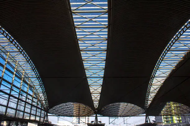 Low angle abstract of the ceiling of a train station in Leuven , Belgium