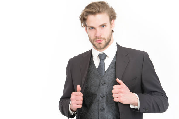 Man in formal outfit isolated on white. Businessman or ceo in black jacket. Manager with beard on serious face. Business and success. Fashion and beauty.